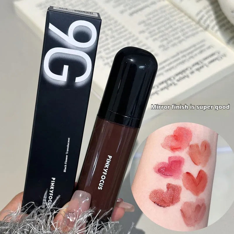 Black Shiny Mirror Lip Lacquer tube showing six colour options from tomato red to sweet potato brown