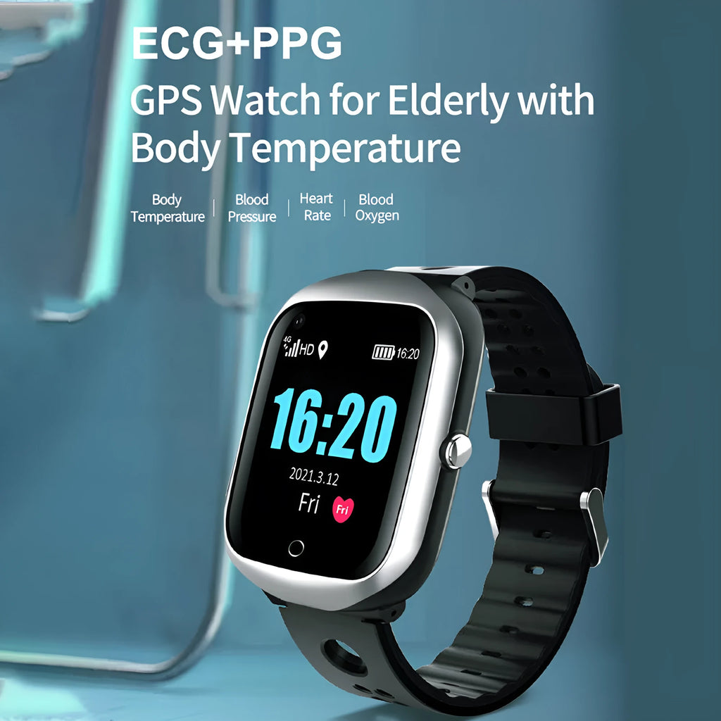 Square black elderly smartwatch with silicone strap showing time on 1.3-inch screen