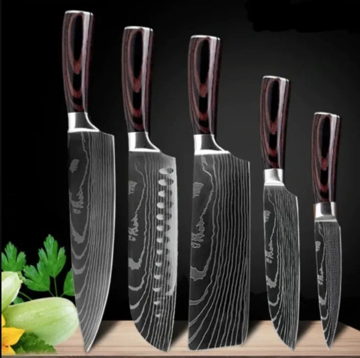7Cr17 stainless steel chef knife with 18cm blade, laser Damascus pattern, and coloured wood handle