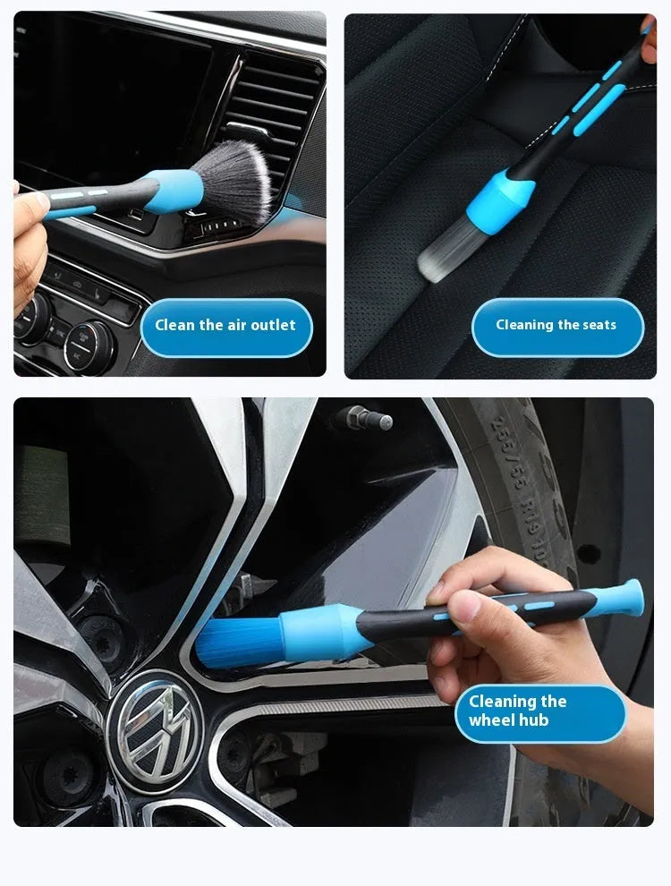 Blue detachable car wash brush set with four brush heads, two handles, and two elbows for hub gap cleaning