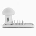 White 3-port USB charger bracket with wireless charging pad and LED desk lamp, QC 3.0 fast charging base