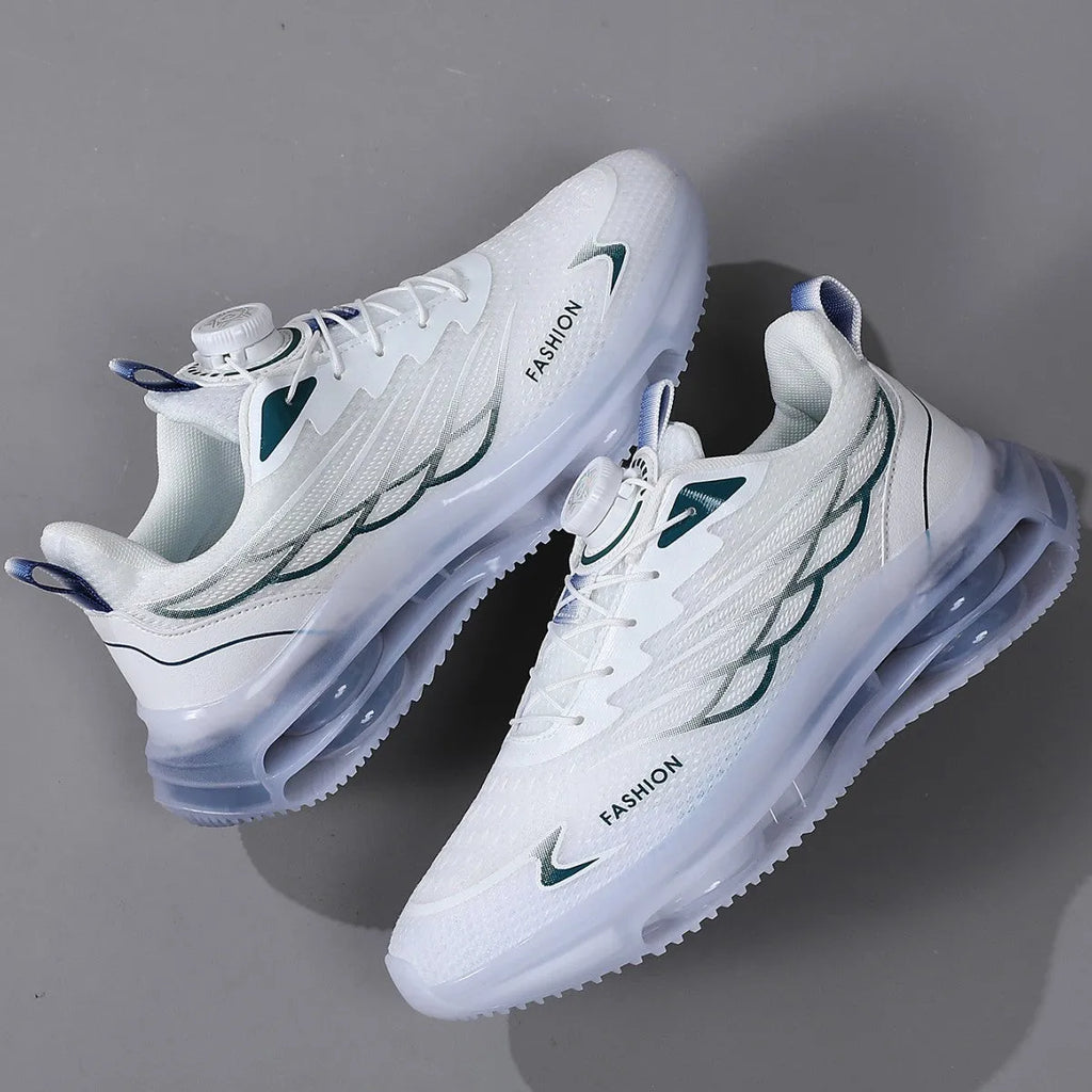 White men's casual shoes with rotating button closure and mesh upper