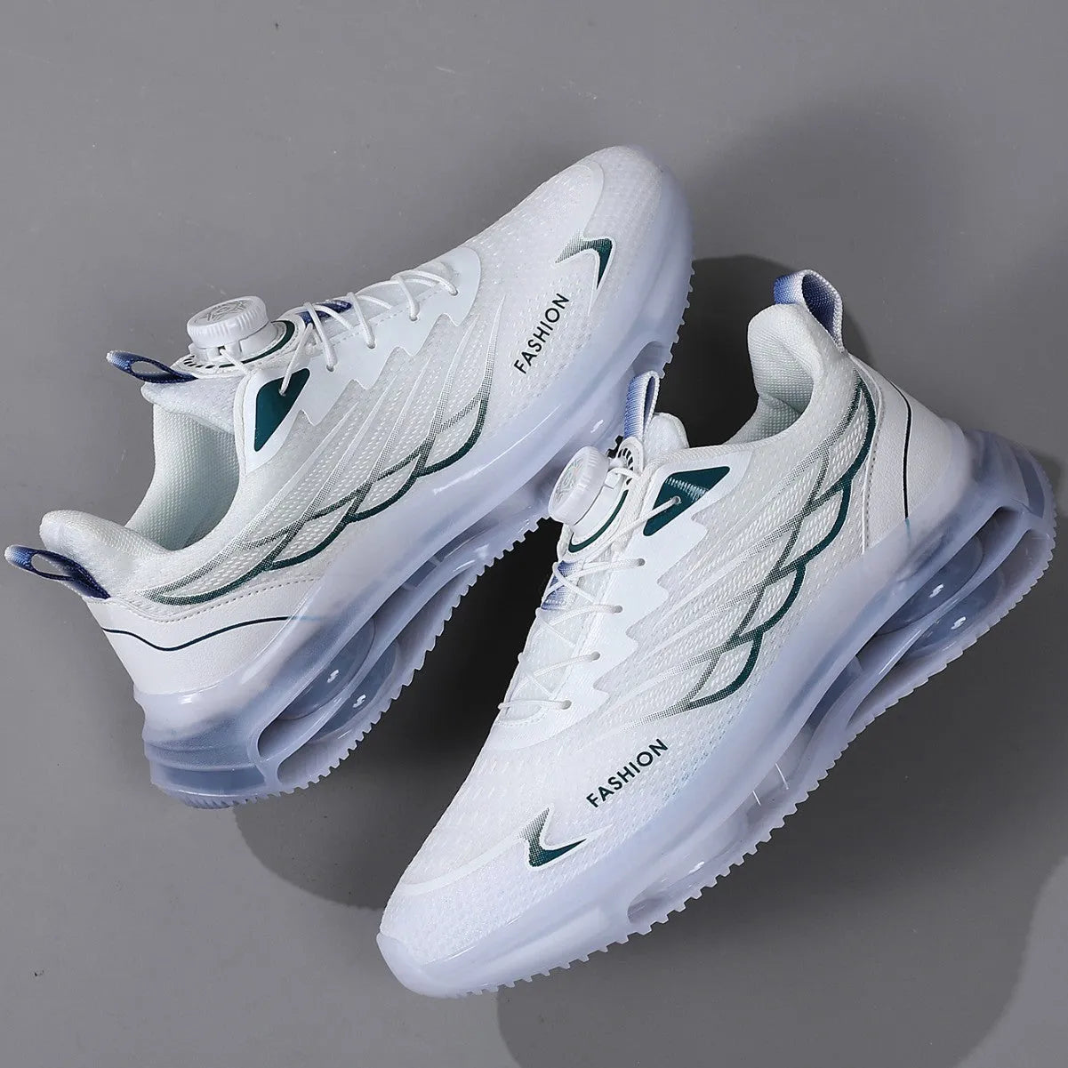 White men's casual shoes with rotating button closure and mesh upper