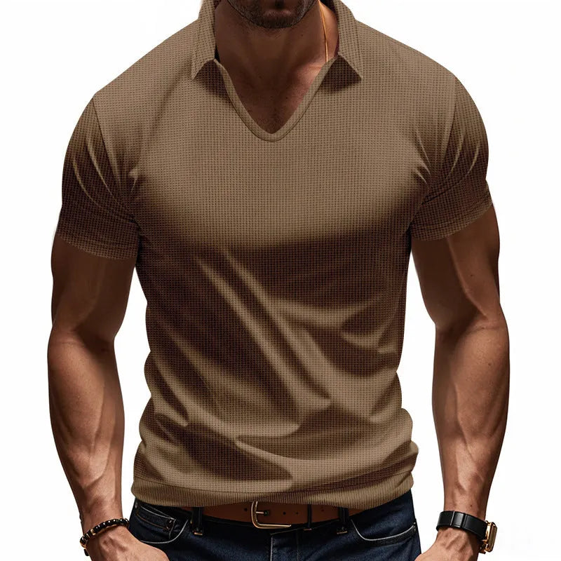 Men's casual V-neck short-sleeve top in loose cotton-blend fabric