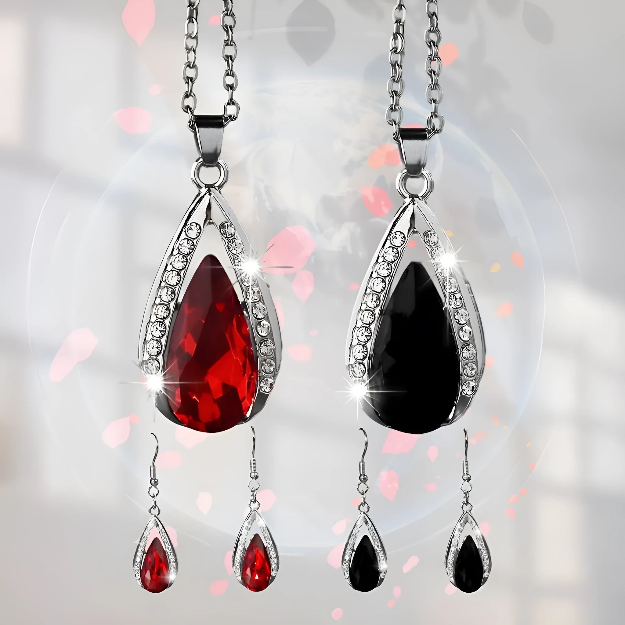 Black and red teardrop glass pendant necklace and matching earrings set made from alloy metal.
