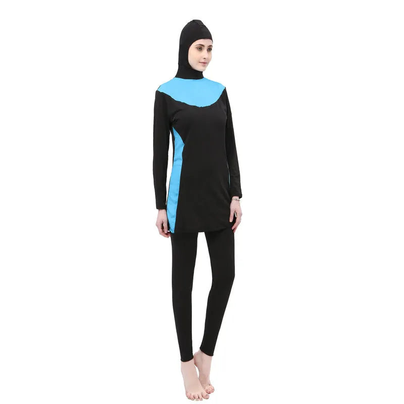 Women's conservative swimsuit with long sleeves and hood in black with contrasting colour accents