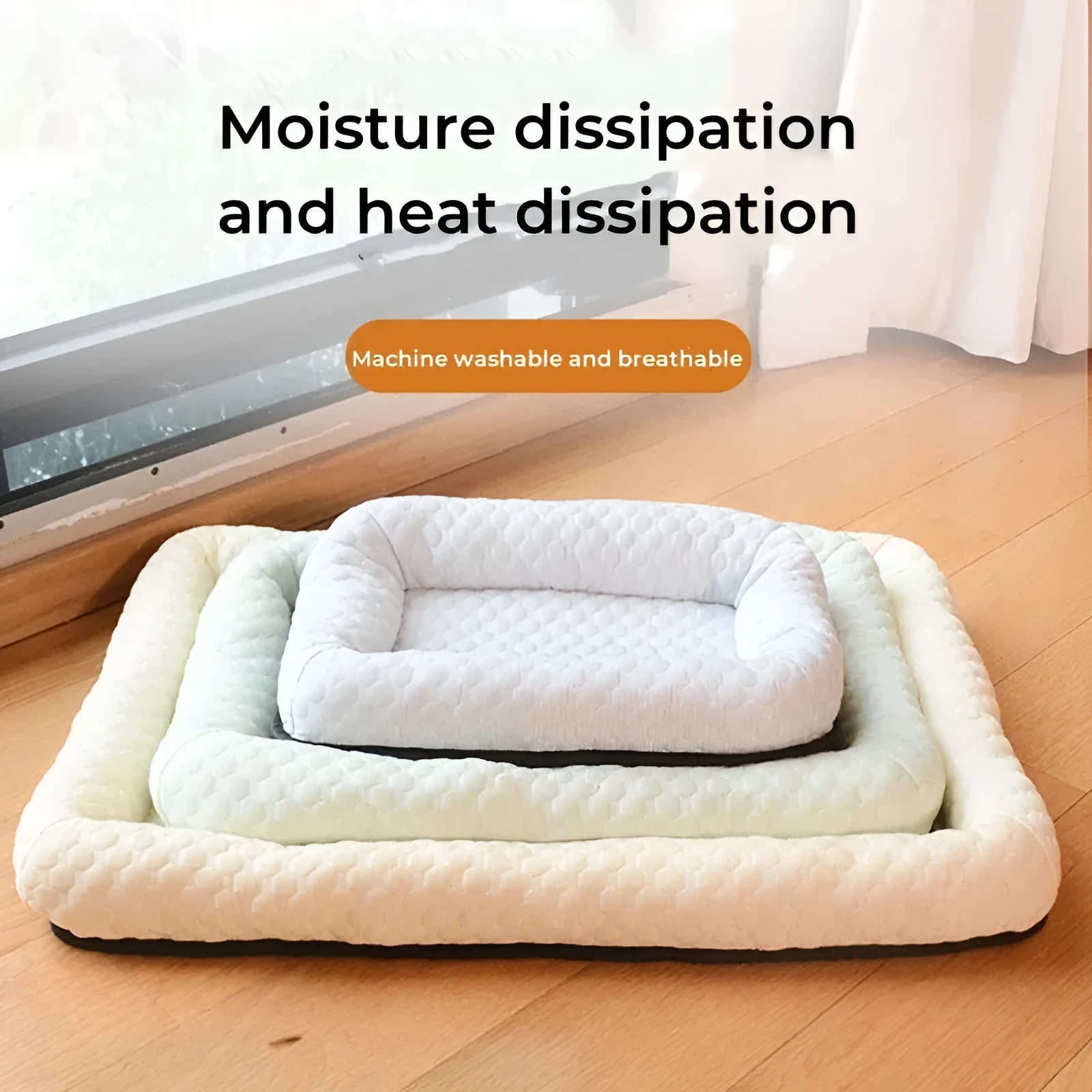 Summer cooling pet cat bed cushion ice pad in green, square shape, for dog or cat sleeping on floor
