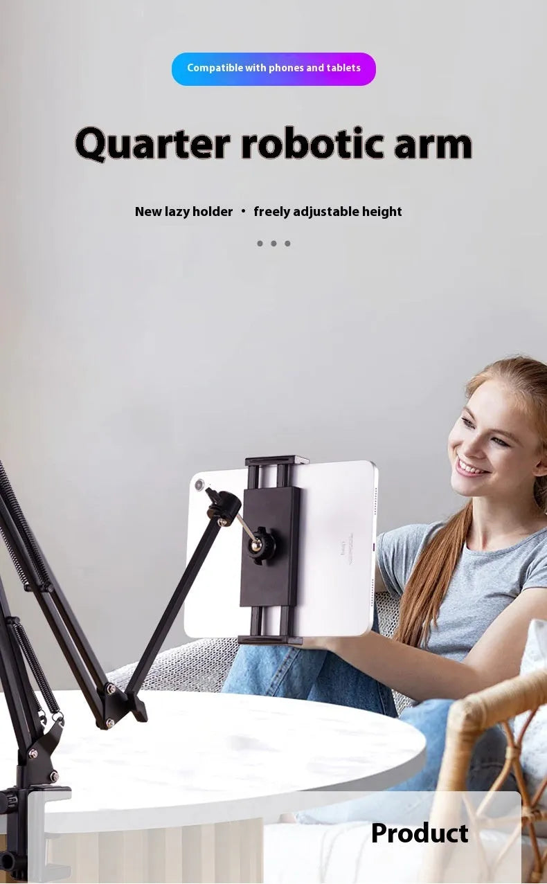Black foldable metal desktop cantilever bracket holding tablet with adjustable arms