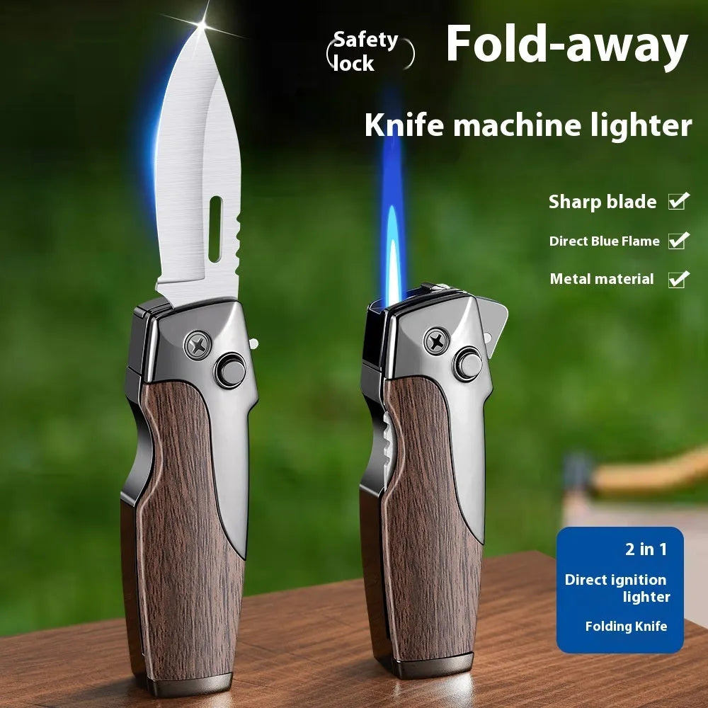 Zinc alloy metal folding lighter with jet flame and knife blade in black brown wood finish