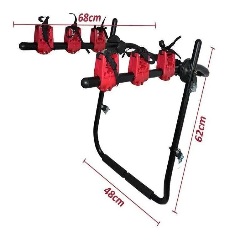 Black and red car trunk-mounted bicycle holder rack with iron construction measuring 73cm by 50cm