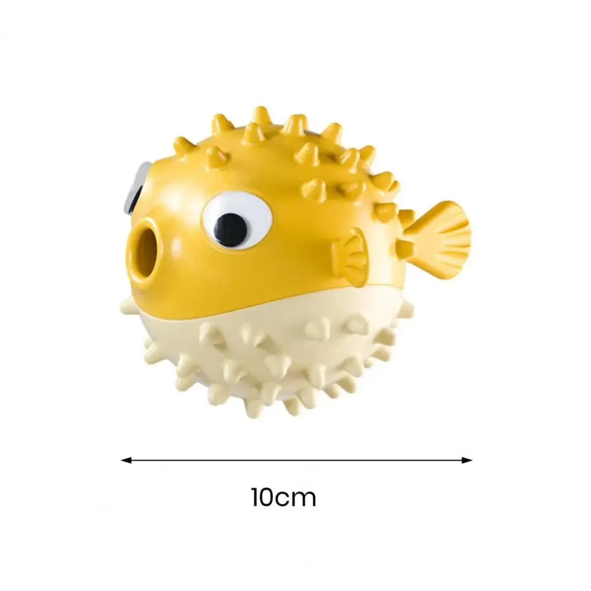 Yellow vinyl fish-shaped dog chew toy with textured surface for tough chewing and dental care.