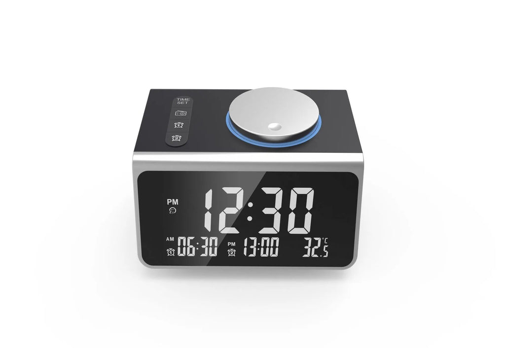 FM radio alarm clock with USB charging port, 3-inch digital display, ABS PC shell, colour box packaging