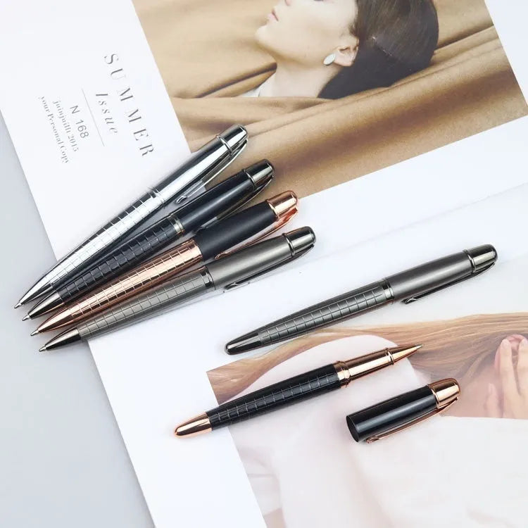 Gun grey metal rollerball pen shown with black and blue ink refill options