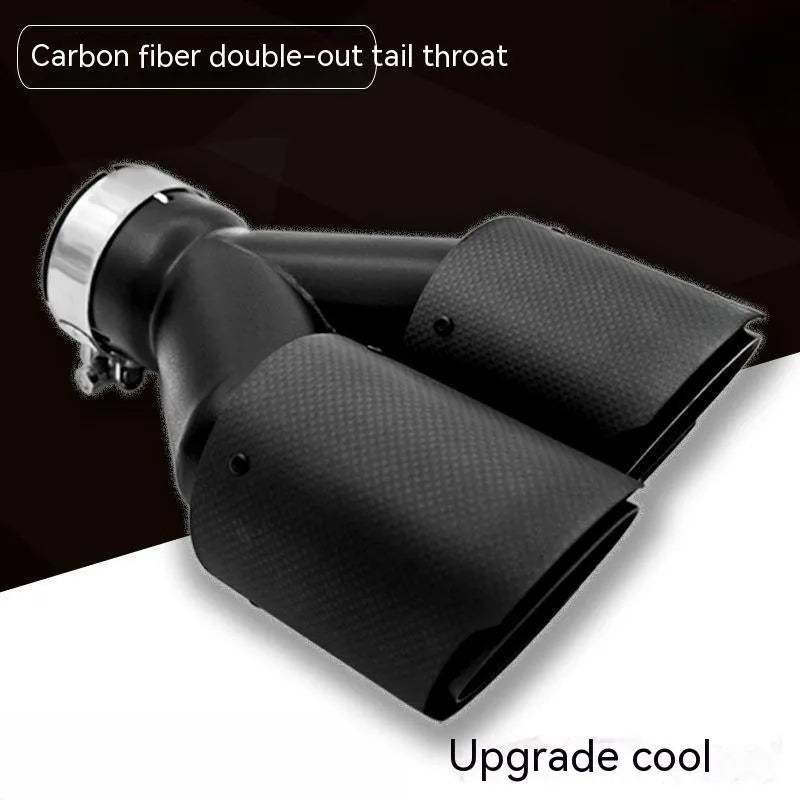 Black carbon fibre car exhaust modification silencer with dual outlet tailpipes