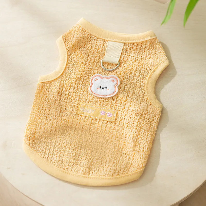 Bear patch cat clothing in hollowed-out knitted fabric shown in blue, green and yellow colours