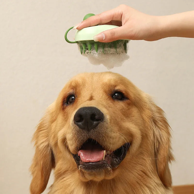 Handheld silicone pet hair remover massage brush for dogs in bath or shower grooming
