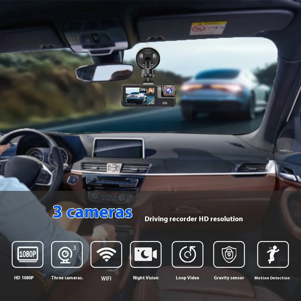 Black car dash cam with 2-inch screen, mounted on windscreen, showing WiFi logo and rear camera for reversing image.