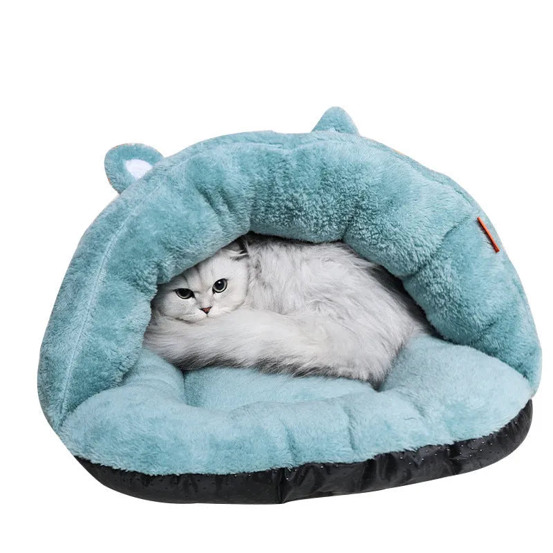 Soft pet cave bed for cats and small dogs in beige, blue or grey, sizes M 60x48x28cm and S 45x36x22cm