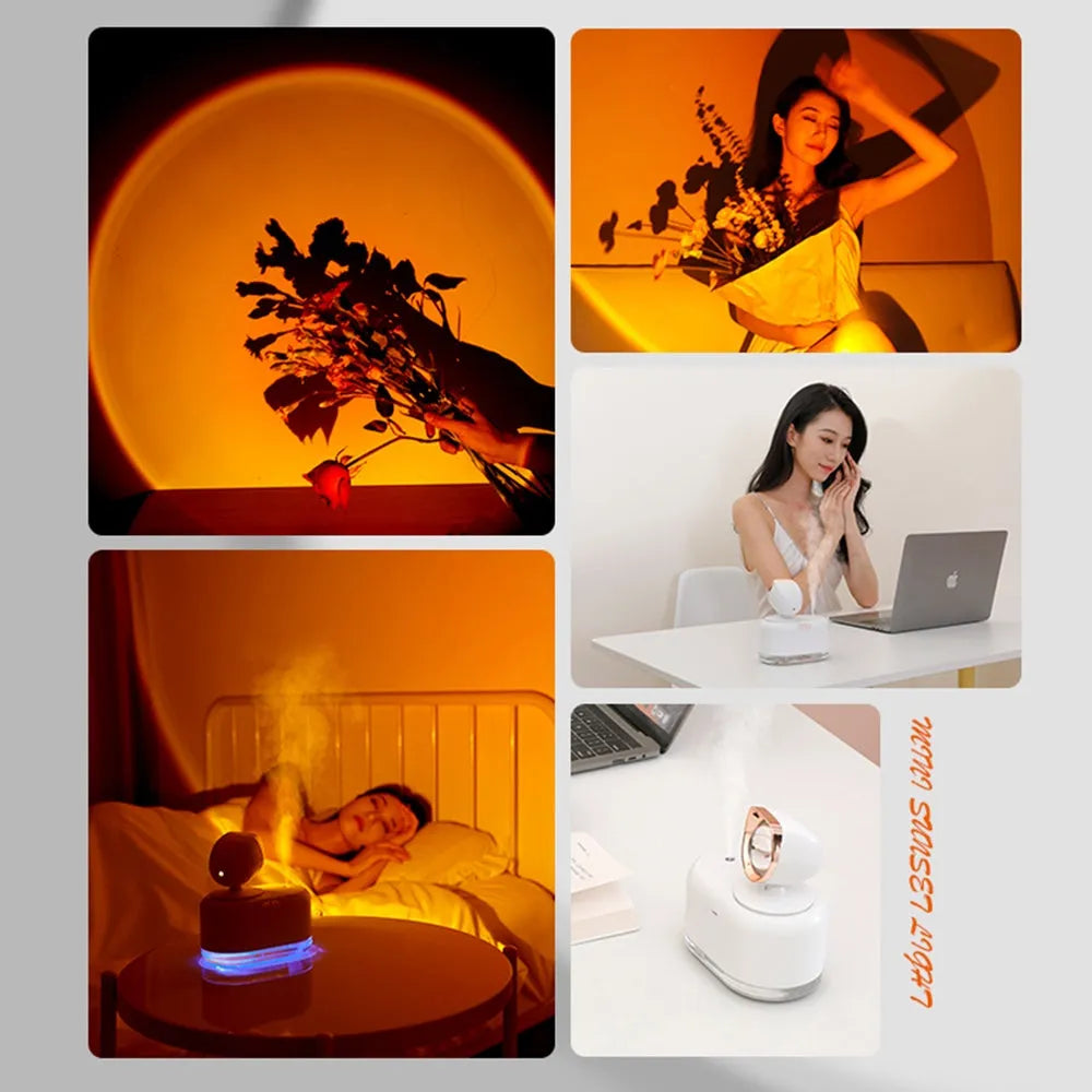 Mini wireless sunset lamp humidifier 300ml white with warm sunset projection on desk