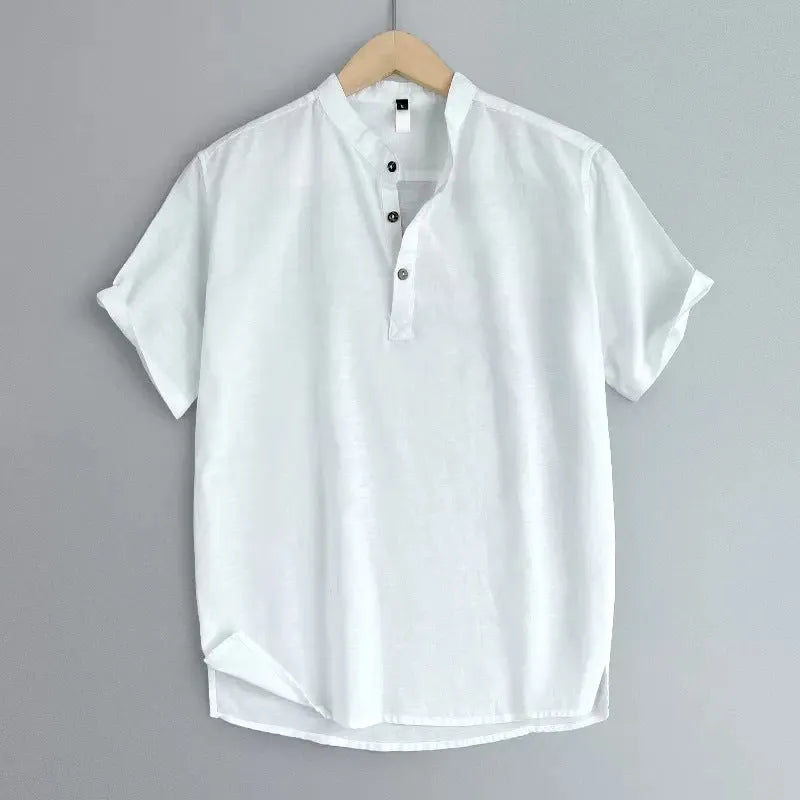 Men's solid colour short sleeve t-shirt in a cotton linen fabric blend on a hanger.