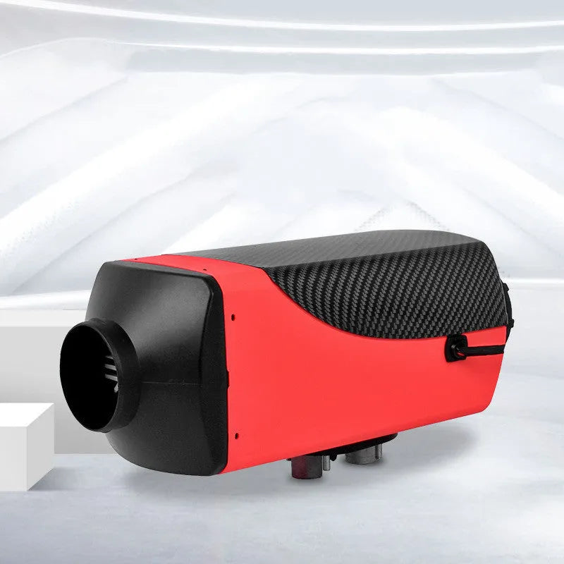 Red and black auxiliary diesel air heater unit with pipes and wiring for vehicle installation.