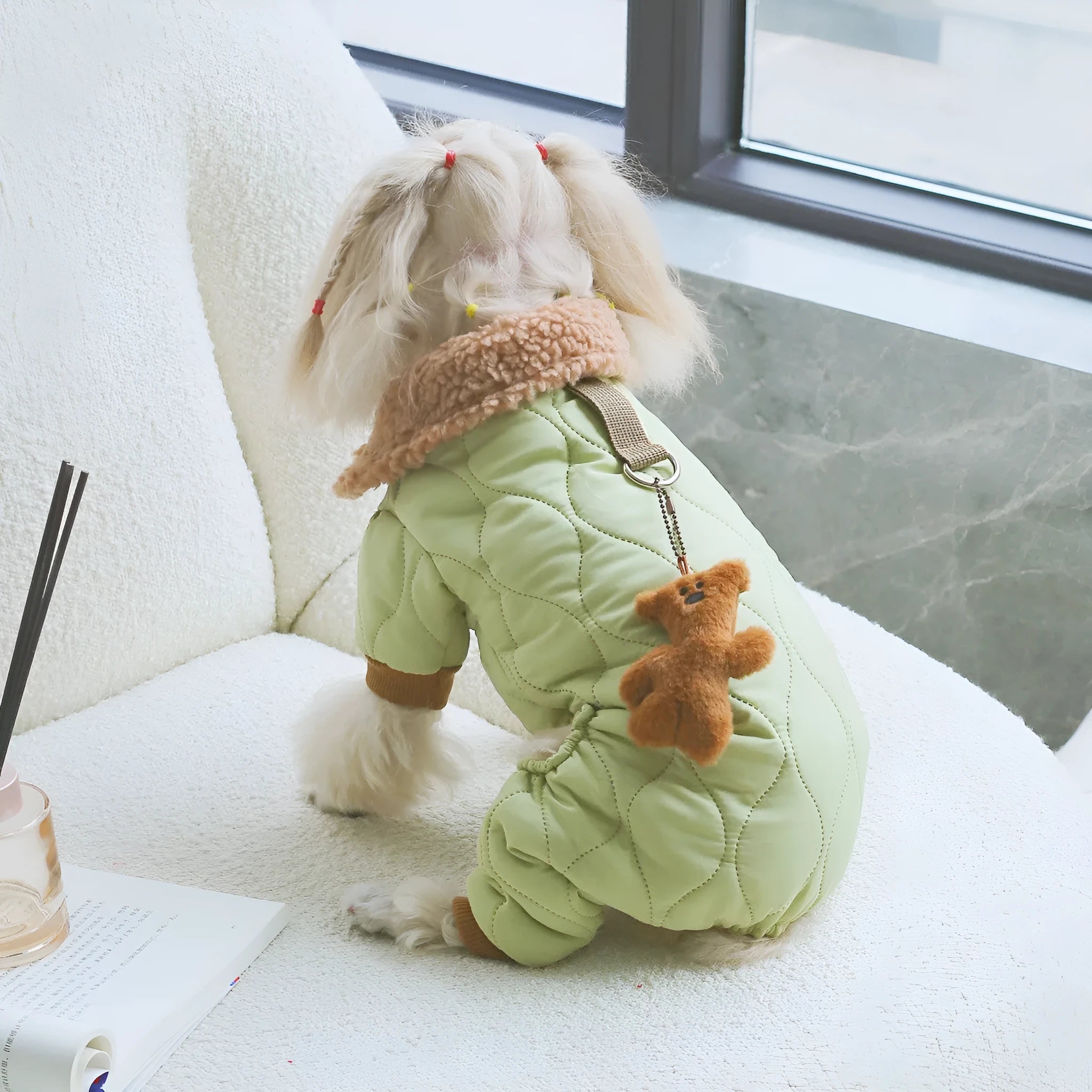 Extra thick band pendant pet clothing with toy bear pendant in light green made from cotton