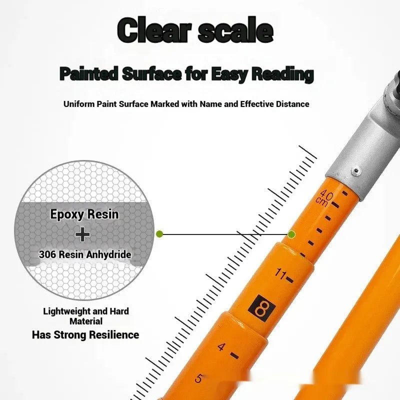 Telescopic fibreglass height measuring rod extended vertically, showing clear measurement scale against a truck for size comparison.