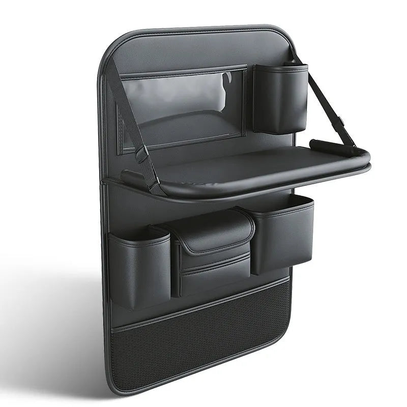Leather car seat storage bag with foldable dining table in black colour