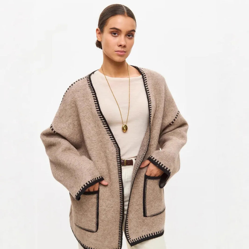 Loose knitted cardigan sweater coat with lace-up front detail in camel colour