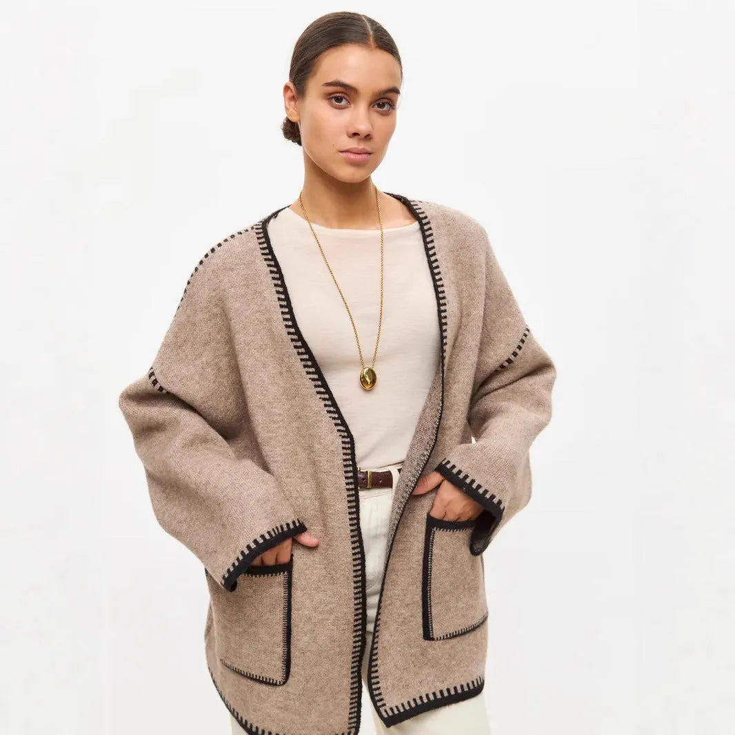 Loose knitted cardigan sweater coat with lace-up front detail in camel colour