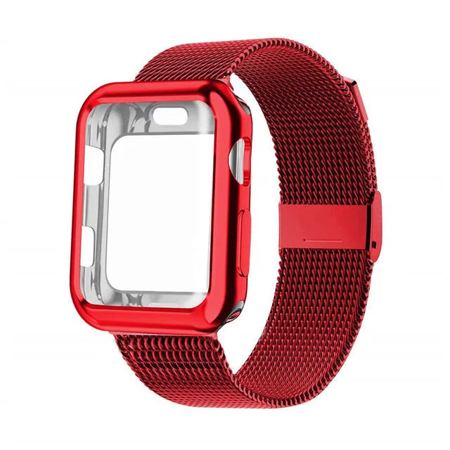 Silver magnetic Milanese loop metal band attached to an Apple Watch on a wrist.