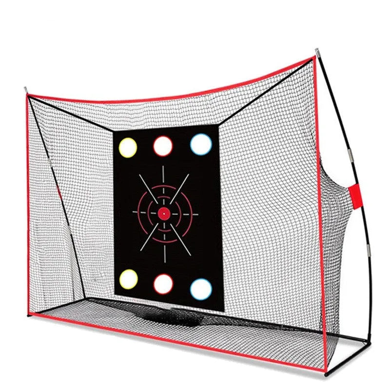 Golf wedge training kit showing 3-hole cross net, straw practice mat, white and red practice balls, and setup accessories