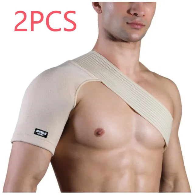 Adjustable skin-colour shoulder support brace with breathable strap for weightlifting and sports.