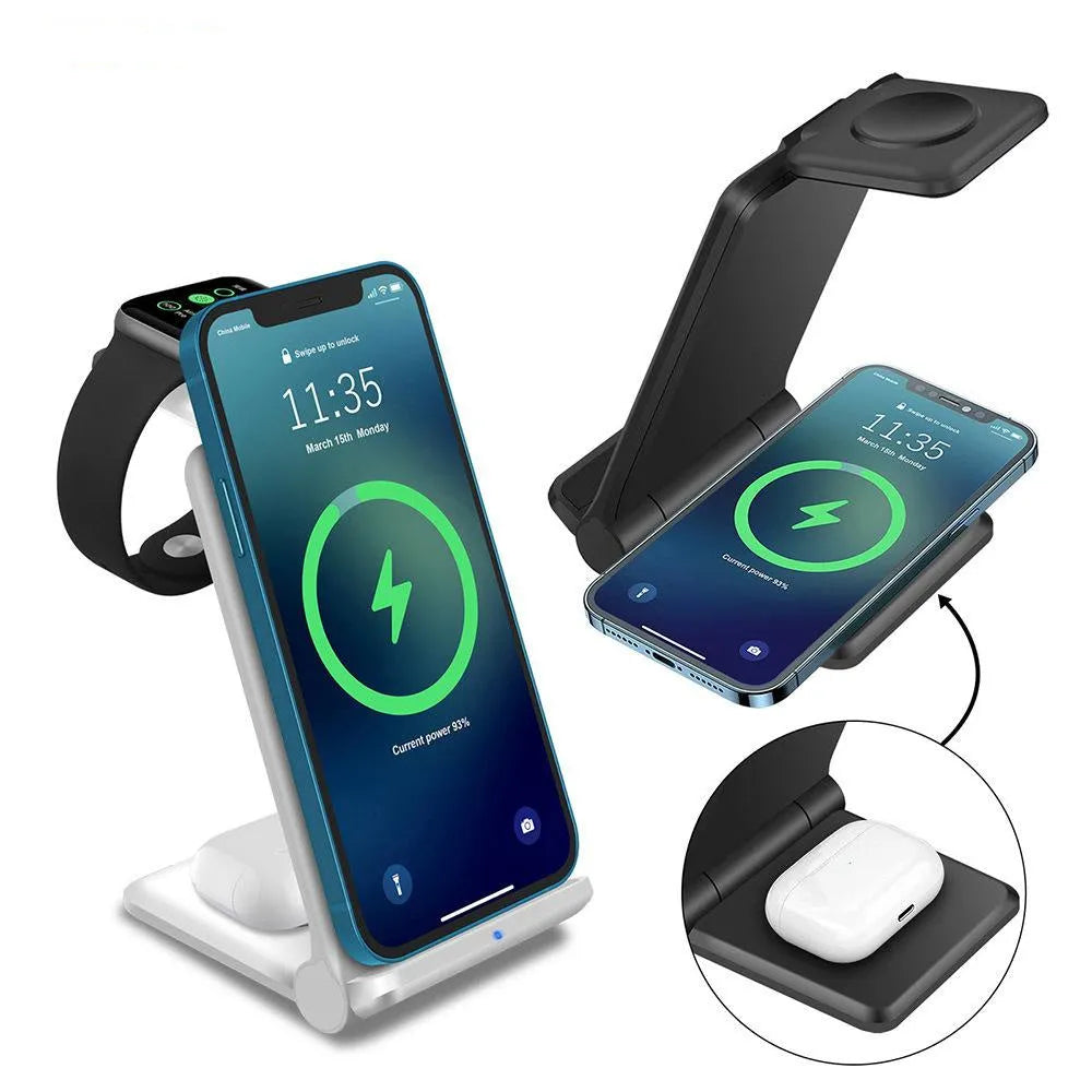 White 3-in-1 wireless charging station folded, charging an iPhone, AirPods case, and Apple Watch.