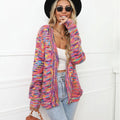 Rose Red rainbow striped loose-fit knitted cardigan coat on a hanger.