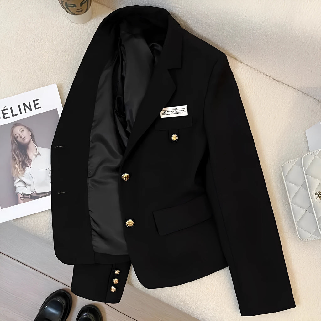 Black women's loose-fit short suit coat with long sleeves and pockets