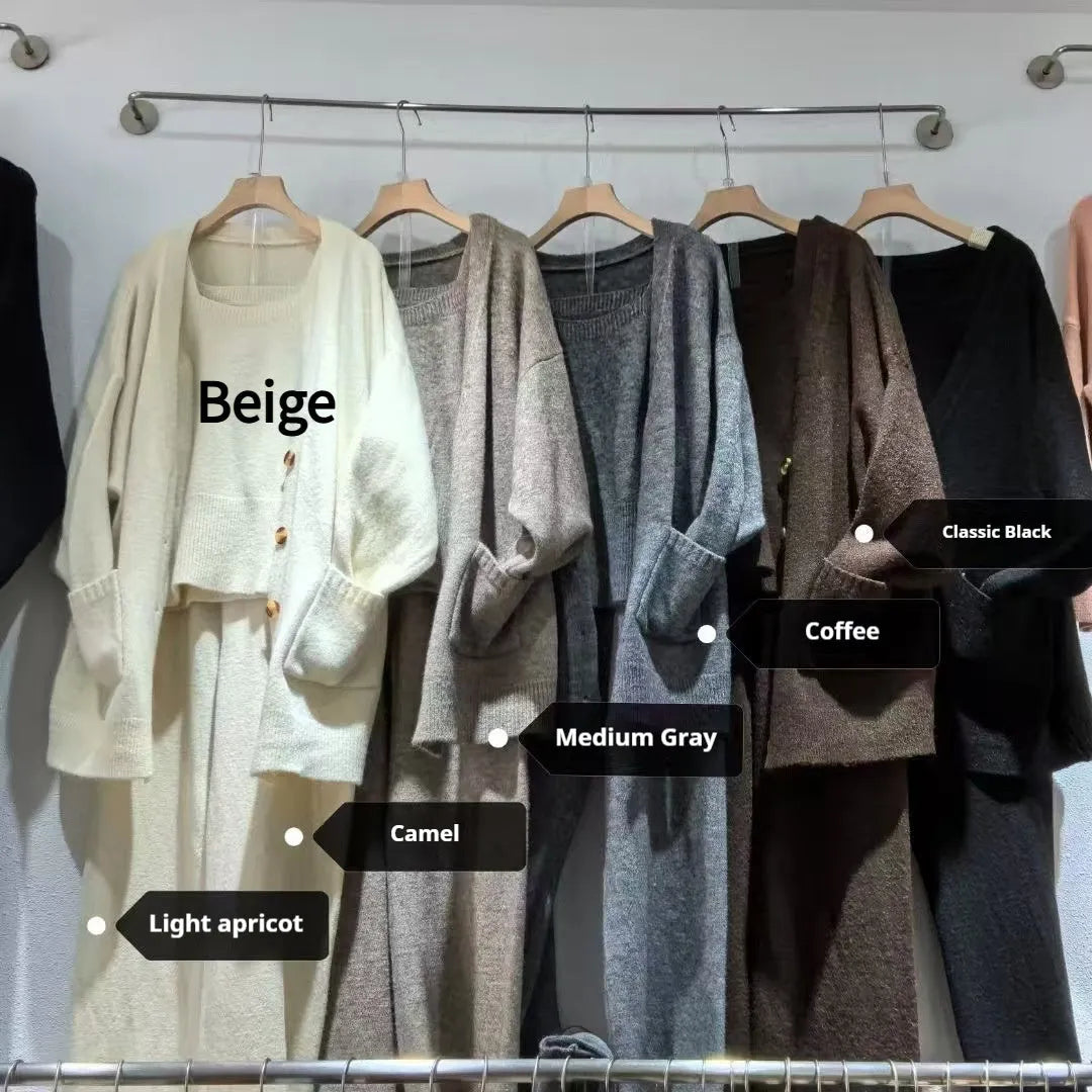 Women's light brown knit cardigan vest and suspender pants three-piece set laid flat