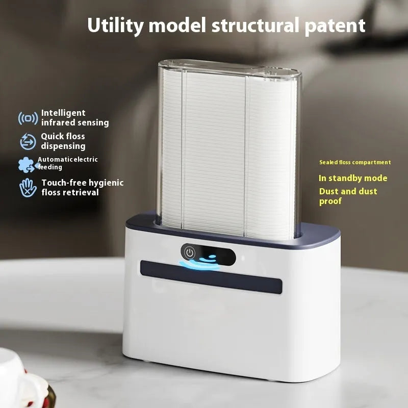 Intelligent induction automatic dental floss box in dark grey, gold, or light grey with rechargeable battery.