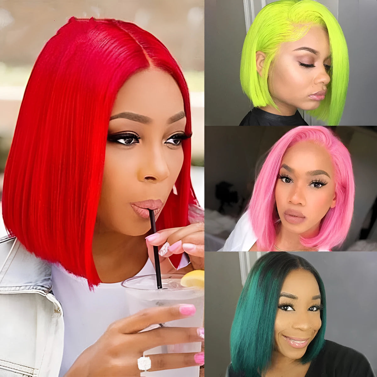 Green human hair short bob wig with machine-made cap, 613 color, available in 8 to 14 inch lengths
