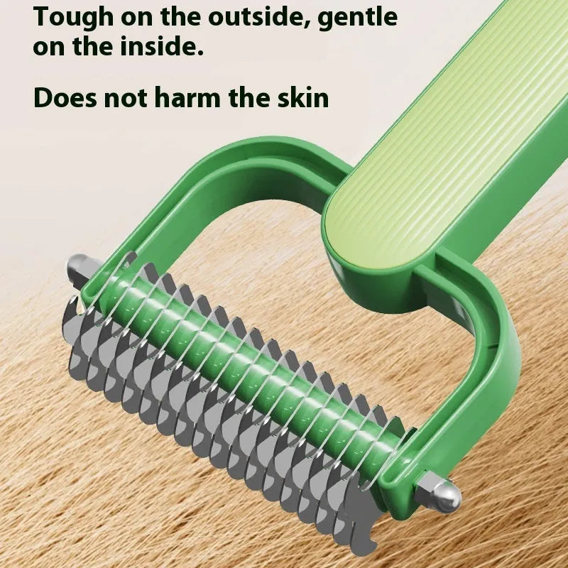 Green and grey dog detangling comb with stainless steel pins on a plastic handle, shown in small and large sizes.