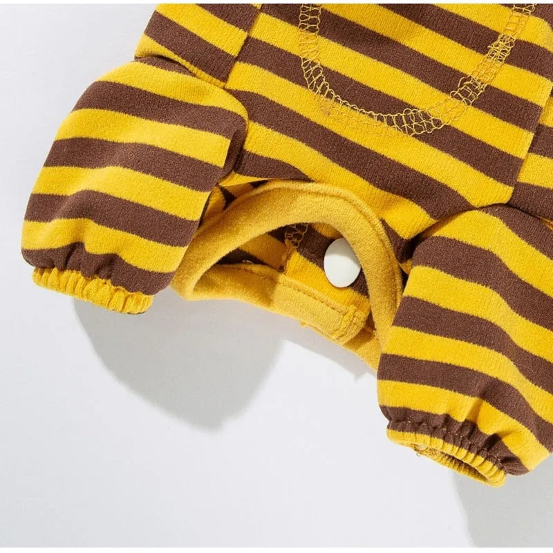 Yellow bee-patterned dog pajamas on small dog, four-legged full coverage suit with lapel collar