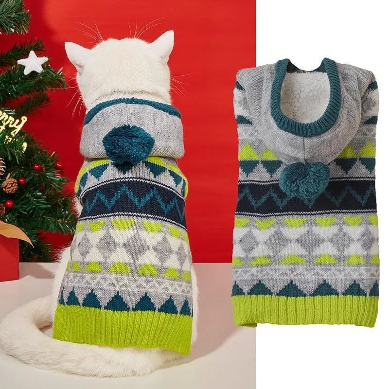 Green diamond pattern pet sweater on small dog showing acrylic knit fabric and sizing fit