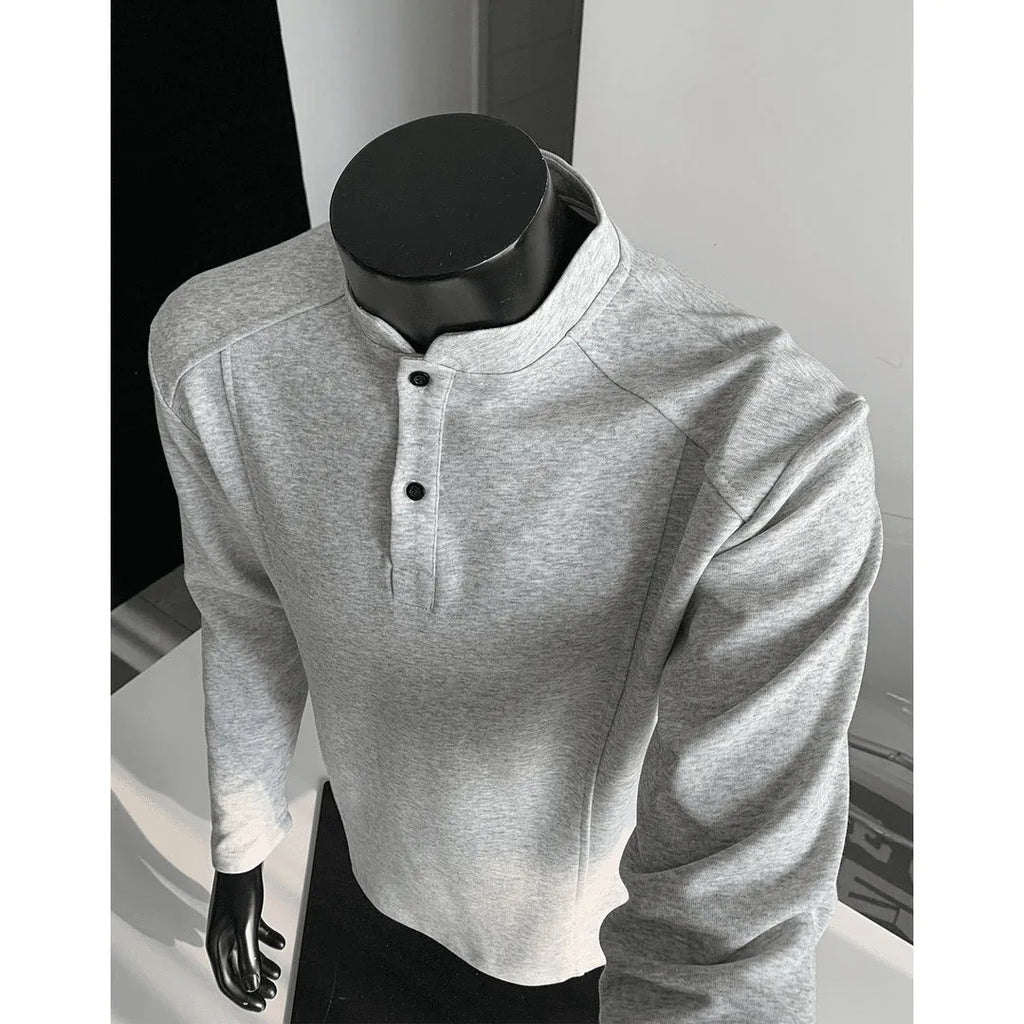Men's loose fit asymmetric patchwork stand-up collar long sleeve shirt in grey.