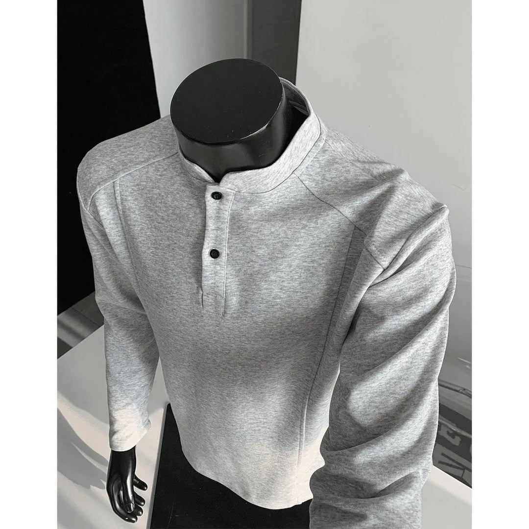 Men's loose fit asymmetric patchwork stand-up collar long sleeve shirt in grey.