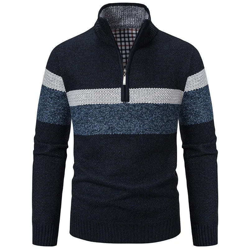 Plus size stand collar knitted sweater in purplish blue, loose thickened polyester pullover with long sleeves