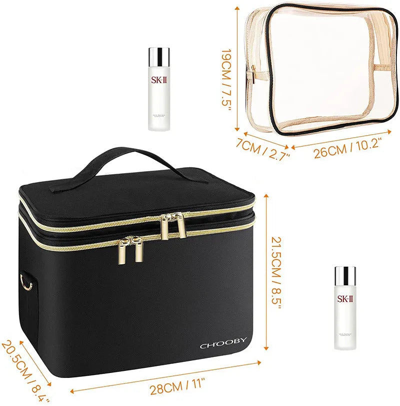 Black double-layer polyester cosmetic storage bag, 27x20x21cm, with soft handle and zip pockets.