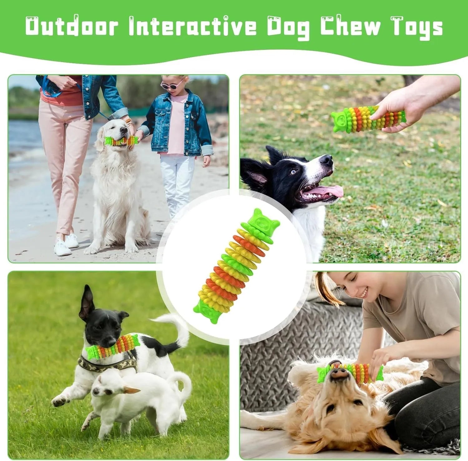 Blue natural rubber caterpillar-shaped dog chew toy on a plain background.