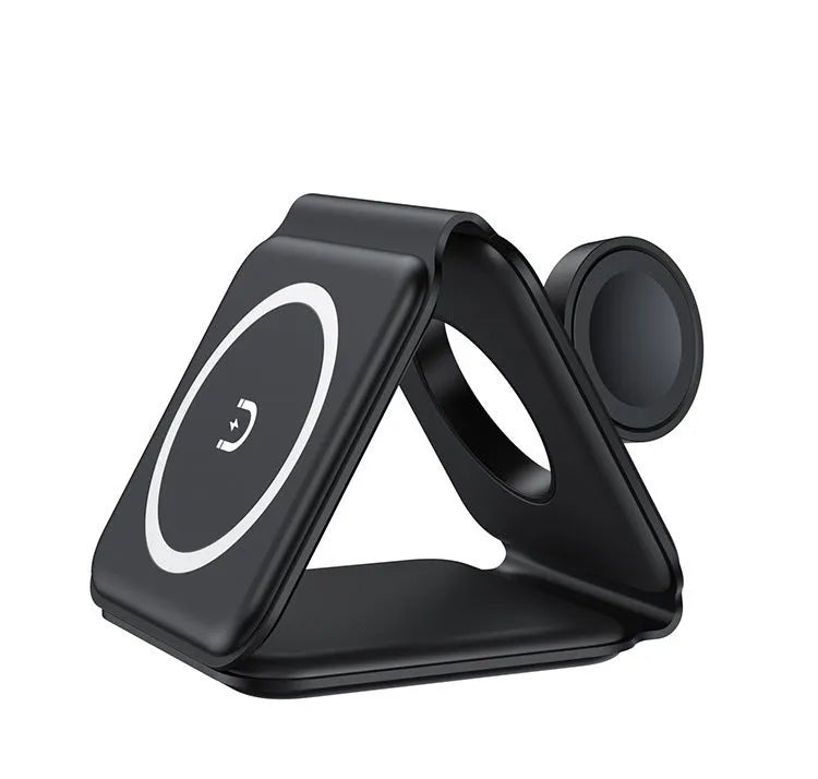 3 In 1 Magnetic Wireless Charging Folding Mobile Phone Holder in black, ABS silicone construction, foldable design