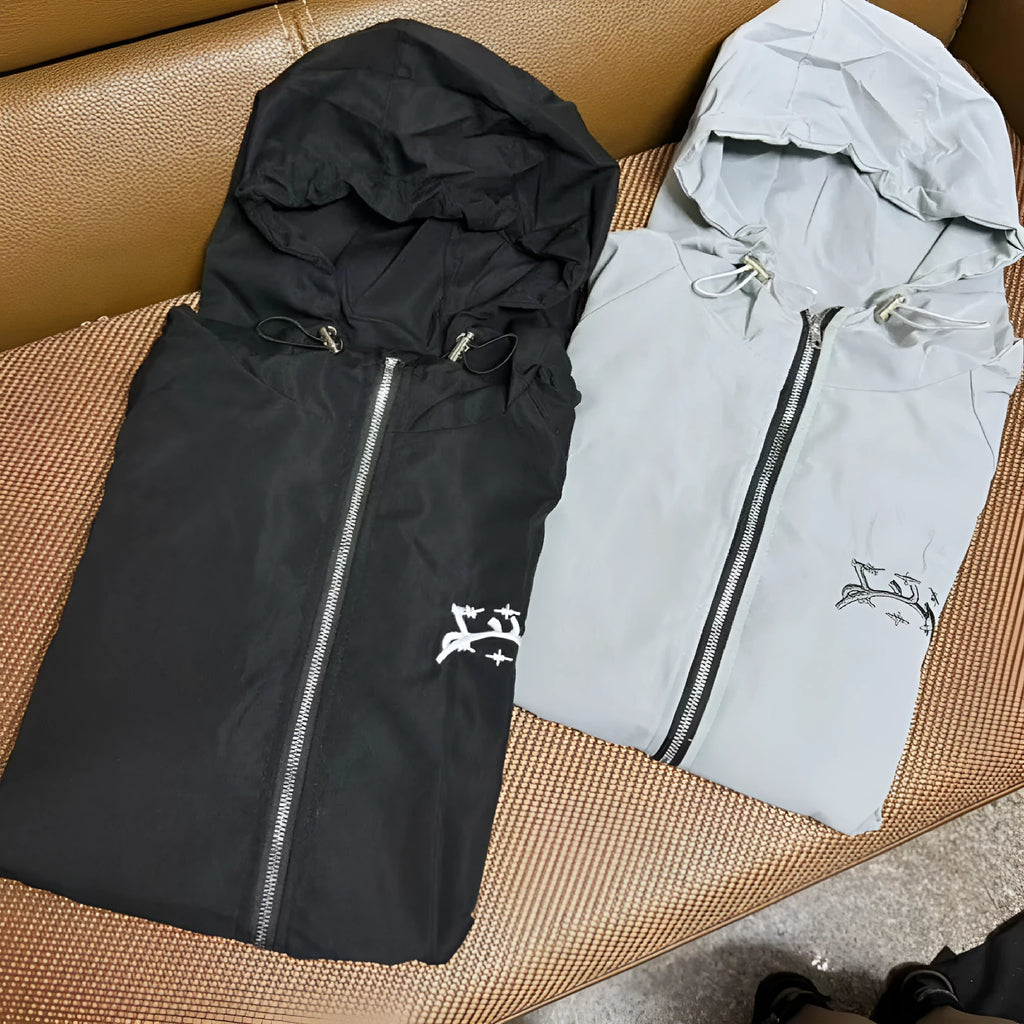 Men's grey loose fit hooded sunscreen jacket with UK styling on mannequin