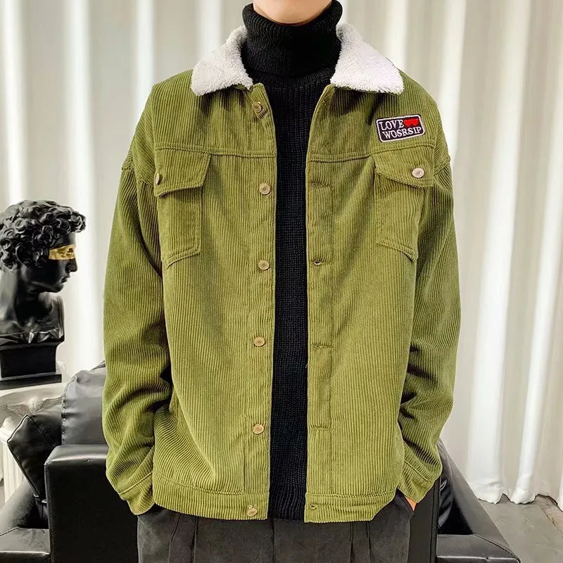 Men's loose fit corduroy workwear jacket in khaki colour with side pockets